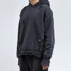 100% coton lourd lavage à l'acide pull à capuche pour hommes personnalisable Vintage épais hiver sweat déchiré brut ourlet en détresse - Product Image 2