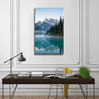Peinture sur toile encadrée, paysage de montagne brumeuse, reflet du lac et des crêtes enneigées, art mural en bois, décoration pour salon et chambre, personnalisable