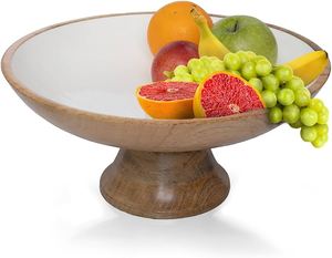 Frutero de madera folkulture o cuenco de Pedestal decorativo para Decoración de mesa Frutero de madera o lino de madera blanca - Product Image 2