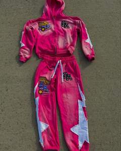 Hommes polaire 500Gsm Distressed Rain Stones Sets Custom Vintage Stacked Sweatsuit Embroidery Acid Wash for men - Product Image 4