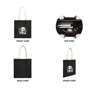 Bolso Tote Panda Negro para Mujer, Cierre Abierto, Lona de Algodón, Material PU, para Todas las Temporadas, Uso Diario, Compras, Almacenamiento, Totalmente Personalizable - Product Image 2
