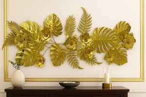 Art mural artisanal en métal doré avec feuilles et fleurs | Grand panneau décoratif pour les intérieurs de salon, d'hôtel et de hall - Product Image 3