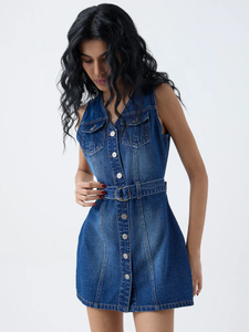 Nuon Blue Denim A-Line Vestido con Cinturón - Product Image 3
