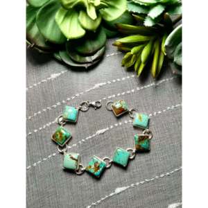 Kingman Turquoise & Sterling <b>Silver</b> Link <b>Bracelet</b> Navajo Ethnic Style Made with Craftsmanship - Product Image 1