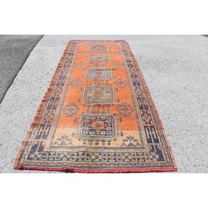 Grand tapis turc vintage 4,7x11,7 pieds, tapis en laine à motifs floraux orange et bleu - Product Image 1