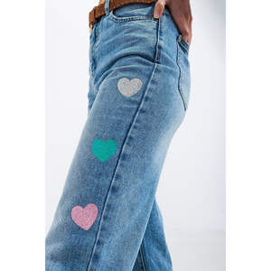 Jeans de Mezclilla de Cintura Alta con Estampado de Corazón, Corte Holgado, Estilo Urbano, Casual, Transpirable, para Primavera/Invierno, Talla XL - Product Image 1