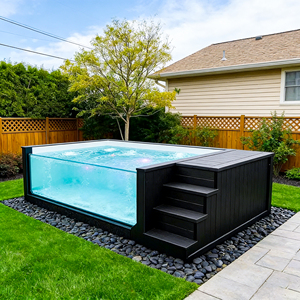 Piscina rectangular de acero sobre suelo, tipo spa para exteriores, con escalera de seguridad y plataforma de madera. - Product Image 6