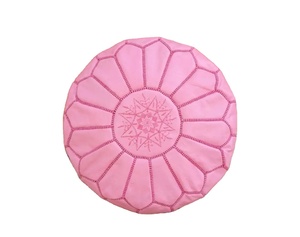 Stuffed Pink Leather <b>Pouf</b> with Top Embroidery, pink Moroccan <b>Pouf</b>, - Product Image 1