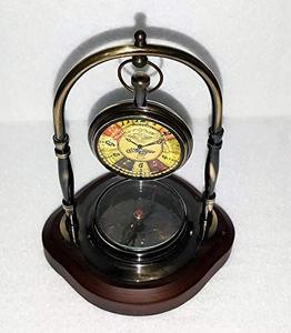 Reloj de mesa de latón antiguo personalizado de alta calidad, brújula de Metal con Base de madera, artículo decorativo hecho a mano marrón - Product Image 2