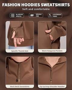 Jersey de invierno con media cremallera para mujer, sudadera bordada con agujeros para el pulgar, 2 bolsillos de canguro, tela de punto transpirable recortada en el frente - Product Image 4