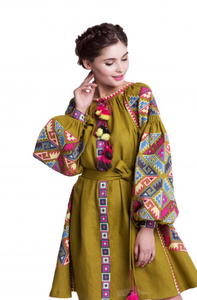 Exclusivo bonito bordado manga larga cuello en V diseñador vestido ucraniano hasta la rodilla tela tejida estilo europeo cintura Natural - Product Image 4