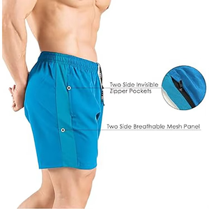 Pantalones cortos de hombre con logotipo personalizado OEM, pantalones cortos transpirables informales de verano para correr, cintura media alta, secado rápido con bolsillos con cremallera, paquete de 2 - Product Image 5