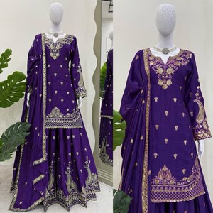 Chinon Silk Palazzo Suit Set para mujer con hilo de lentejuelas trabajo y encaje Dupatta 5 colores Bollywood Party Wear 2025 Bulk - Product Image 3