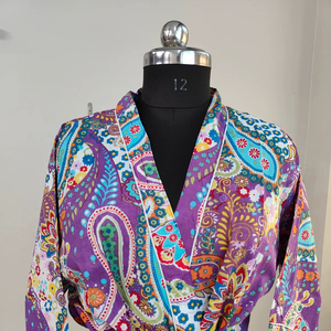 Bata Kimono Larga de Algodón 100% con Cuello en V y Mangas Cortas, Estampado Floral Indio, para Mujer, Verano, Lujo, Informal, Regalo para Damas de Honor - Product Image 1