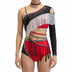 Traje de Baile con Pedrería Roja y Negra para Mujer, Asimétrico con Flecos, Brillante con Cristales, para Actuaciones de Samba Latina - Product Image 1