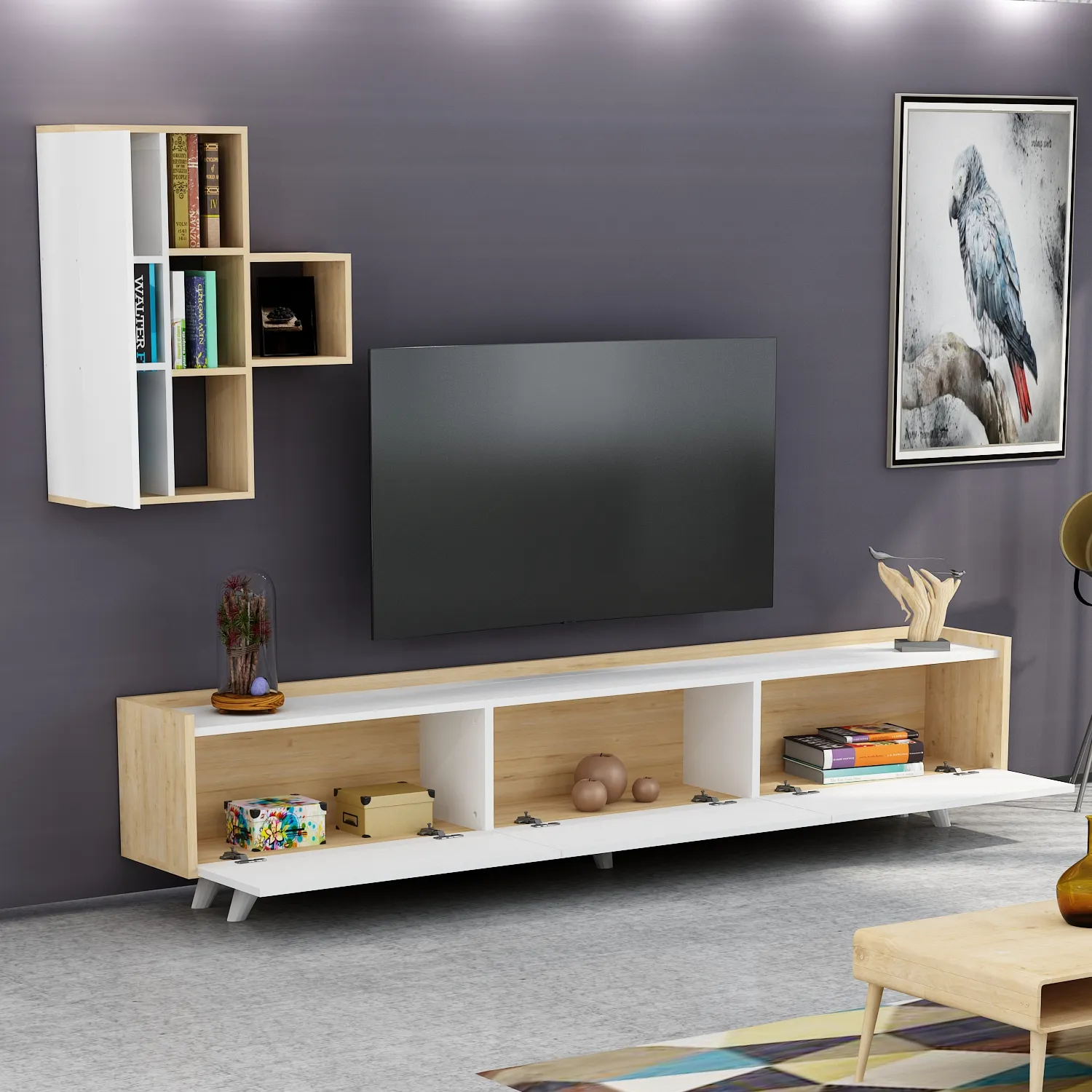 Ginger 184cm TV Stand TV Unit Entertainment Center Wall Cabinets Shelves for 47" TVs , Living Room Furniture- Oak & White