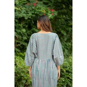 Cotton Midi <b>Dress</b> Stripe Hand Block Print Breathable <b>Boho</b> <b>Summer</b> Sundress Pockets Artisan Style Beach Vacation Wear for - Product Image 3