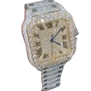Moissanite 다이아몬드 남성용 파티웨어 시계 블랙 컬러 가죽 밴드 시계 멋진 스퀘어 다이얼 자동 무브먼트 시계 선물
