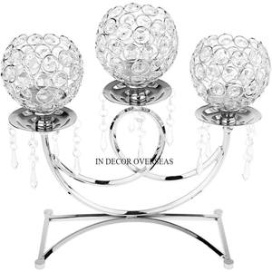 Look accrocheur argent brillant poli 3 bras cristal clair perlé bougeoir table de mariage pièce maîtresse et décoration - Product Image 1