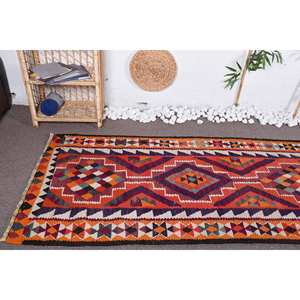 Tapis turc vintage rouge orange classique 3.1x9.6 pieds laine patchwork grande surface avec support en latex pour couloir ou chambre à coucher - Product Image 5