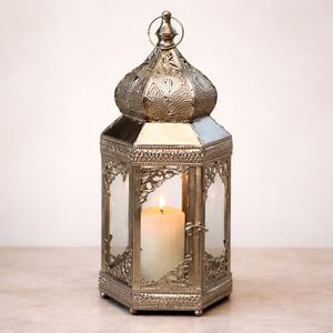 Silver Finish Metal <b>Moroccan</b> <b>Lantern</b> with Glass Panels Intricate Cutwork Warm Candle Glow Elegant Festive Home Decor Gift - Product Image 1