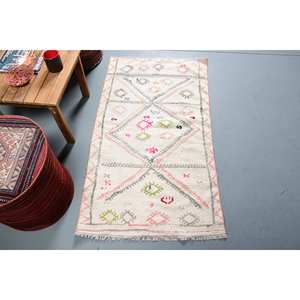 Tapis turc vintage moderne motif géométrique blanc grande surface 2,5x4,6ft laine matériel Latex pour salon décor pour adolescents - Product Image 1