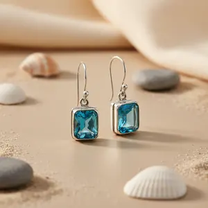 "Vintage Blue Topaz <b>Hoop</b> <b>Earrings</b> for Women-925 <b>Silver</b> Gold Plated Trendy Flower Design" - Product Image 1