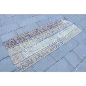 Alfombra Turca Vintage de 2.6x6.6 pies, Alfombra de Pasillo Azul y Marrón con Diseño de Patchwork, Alfombra de Lana con Respaldo de Látex, Ecológica - Product Image 3