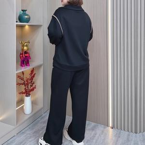 Ensemble sweat-shirt et pantalon à revers couleur bloc décontracté pour femmes grande taille costume d'hiver 2 pièces extensible à manches longues - Product Image 5