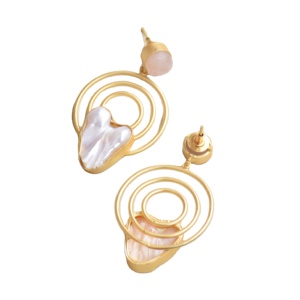 Boucles d'oreilles pendantes en laiton baroque avec perles, plaqué or haute brillance, motif géométrique, quartz rose, pierre naturelle, design unique, vente en gros - Product Image 6