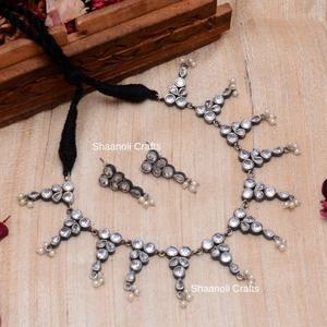 Indian Antique <b>Silver</b> Plated Cubic Zirconia Necklace Set Boho Hippie Chic Style for Weddings Parties and Engagements - Product Image 4