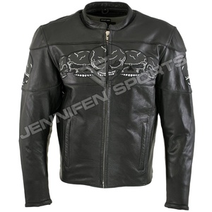 Veste de Moto pour Homme avec Crânes Impression Cuir de Vachette Véritable Poches Latérales Fermeture à Glissière Doublure Intérieure Matelassée - Product Image 1