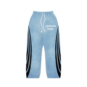 Custom Embroidery Logo Winter Streetwear Breathable Acid Washed Distressed 400g Tracksuits 100% Cotton Patch <b>Sweatpants</b> <b>Set</b> Men - Product Image 5
