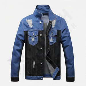 เสื้อแจ็คเก็ตยีนส์ผู้ชายแบบมีกระเป๋า 3 มิติ แต่งรอยขาด ซ่อมแซมรอยขาด ผ้าฝ้ายสีพื้น สไตล์เรโทร แฟชั่นสตรีทแวร์ - Product Image 1