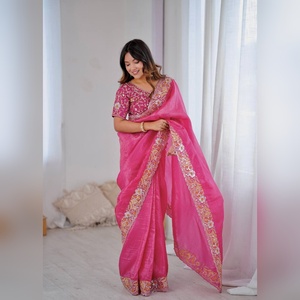Sari en soie mono premium Noha Crush non cousu avec blouse, broderie lourde fantaisie, travail de paillettes, tenue de soirée, mariage - Product Image 1