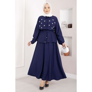 Conjunto de Falda y Top Azul Marino con Cinturón Adornado con Piedras, Tela Crepé Contemporánea, Estilo Diario, Top Largo y Corto Bordado, Talla XL para Primavera - Product Image 3