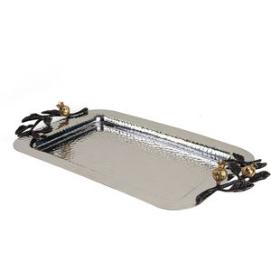 Finition martelée à la main et plateau d'accents floraux uniques Plateau de service rectangulaire en acier inoxydable parfait pour le service d'hôtel ou à la maison - Product Image 3