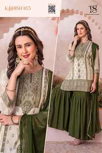 Nuevo traje de diseñador Evergreen Kurti Sharara Impresión digital de seda Kanjivaram pura con Chinon inferior a precio económico - Product Image 4