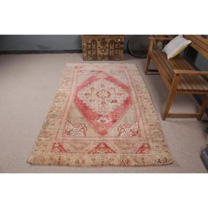 Turkish Rug, 4.5x7.5 ft Vintage Rug, <b>Red</b> Ikat <b>Wool</b> Rug - Product Image 1