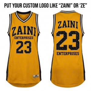 Robe de basket-ball pour femmes, jersey 180 GSM, maille polyester premium, panneau latéral or et noir, sublimation personnalisée, broderie, transfert thermique - Product Image 1