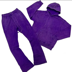Custom Embroidery Unisex Purple Tracksuit Set Hooded Sweatshirt Flare Sweatpants 100% Cotton Solid Color Casual Winter - Product Image 1