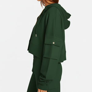 Sweat à capuche court zippé streetwear pour femme, couleur unie, avec poches cargo, prix de gros abordable, tendance - Product Image 2