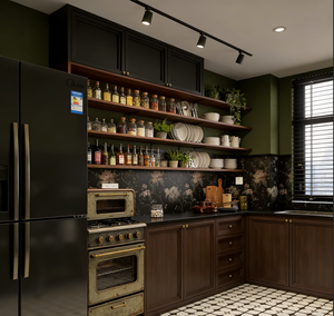 Système d'armoires de cuisine de luxe à tons foncés, construction en bois massif, étagères et portes à exposition ouverte, meubles de rangement fonctionnels - Product Image 4