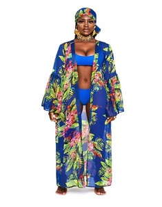 Estampado de gasa Flowy Beach Cover up Ladies Kaftan con pañuelo para la cabeza Largo hasta el suelo Estilo de Fiesta de Primavera - Product Image 1