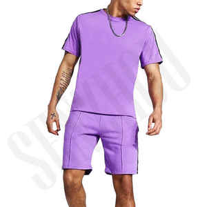 T-shirt col rond violet épaules tombantes correspondant 2 pièces t-shirt et short ensemble hommes survêtement survêtement chemise short ensemble pour l'été - Product Image 3