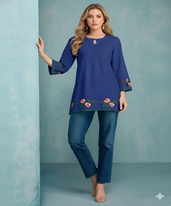 NOUVELLE ARRIVÉE - HAUT EN COTON BRODÉ POUR USAGE QUOTIDIEN - PRIX DE GROS - DERNIER MODÈLE DE CRÉATION - VÊTEMENT ETHNIQUE FANCY À SECHEMENT RAPIDE - BLEU - Product Image 1