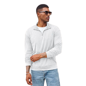 Sweat-shirt décontracté pour homme en molleton léger tricoté, à demi-zip, uni, style vintage, à manches longues, en mélange de coton doux - Product Image 2