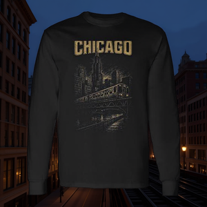 T-shirt a maniche lunghe vintage con skyline di Chicago, architettura urbana e ferrovia, abbigliamento promozionale in stile urbano vintage - Product Image 3