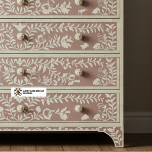 Commode artisanale moderne en bois de manguier massif et incrustations en os, 6 tiroirs, motif floral, pour chambre et salon - Product Image 4