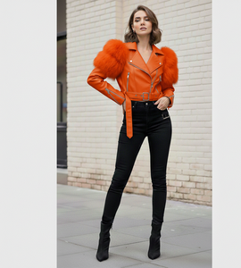 OEM Fashion Trend Women's Fox <b>Fur</b> Trimmed Leather Jacket Casual <b>Dress</b> - Product Image 2